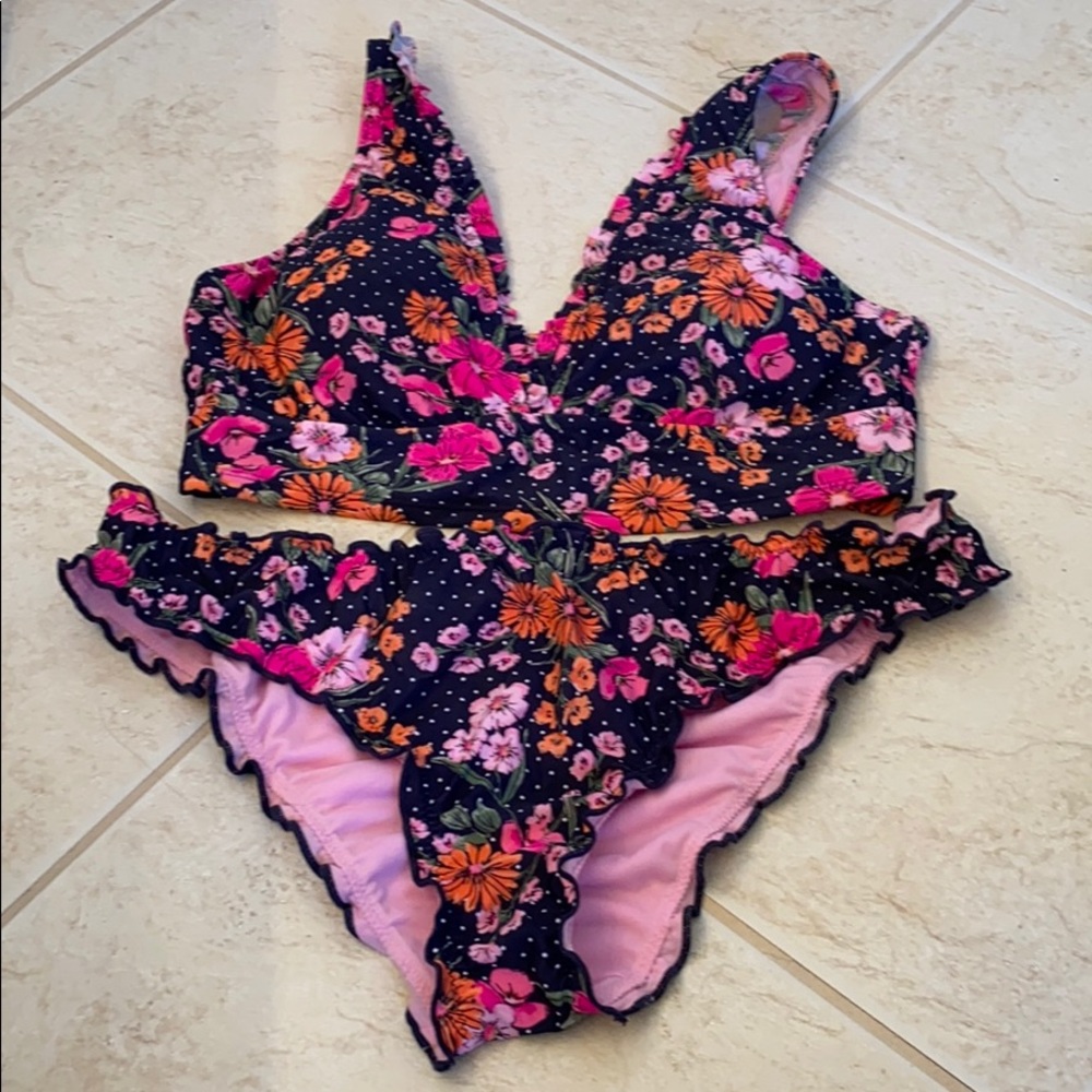 Navy floral two piece swimsuit